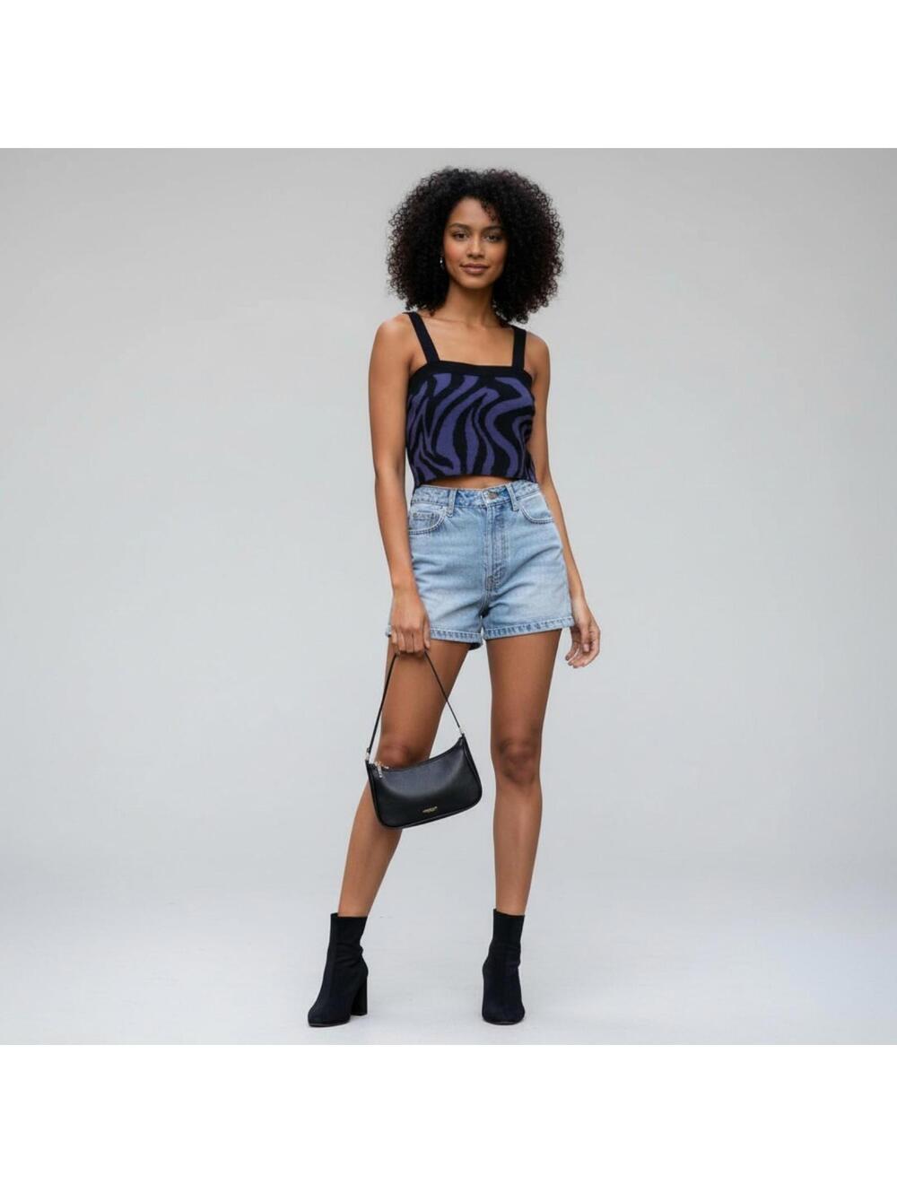 525 Zebra Print Knit Crop Tank Black Purple Square Neck Boho Y2K S Anthropologie